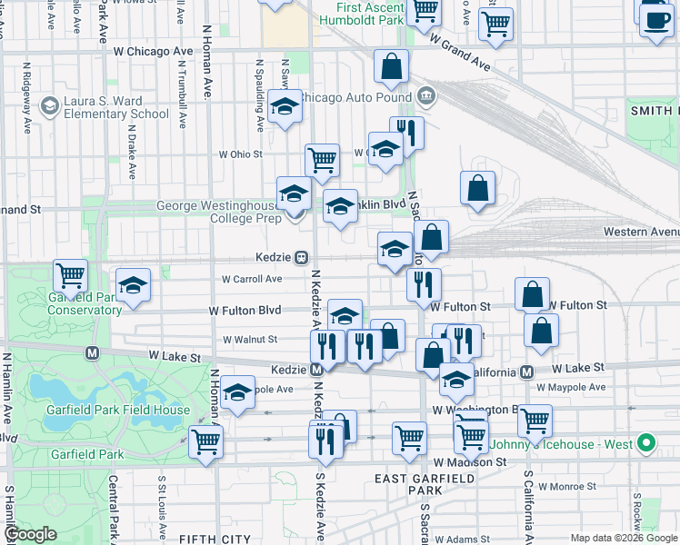 map of restaurants, bars, coffee shops, grocery stores, and more near 3122 West Carroll Avenue in Chicago