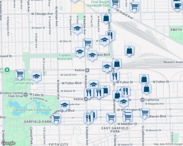 map of restaurants, bars, coffee shops, grocery stores, and more near 3122 West Carroll Avenue in Chicago