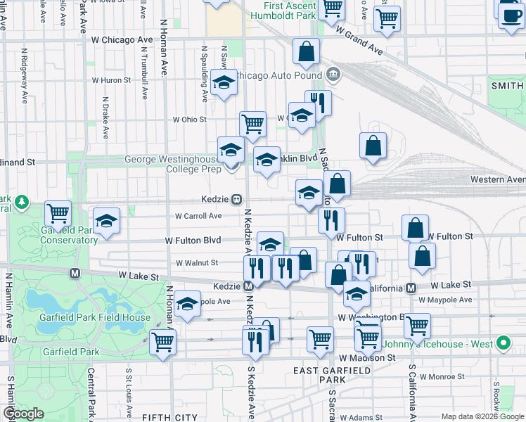 map of restaurants, bars, coffee shops, grocery stores, and more near 3122 West Carroll Avenue in Chicago
