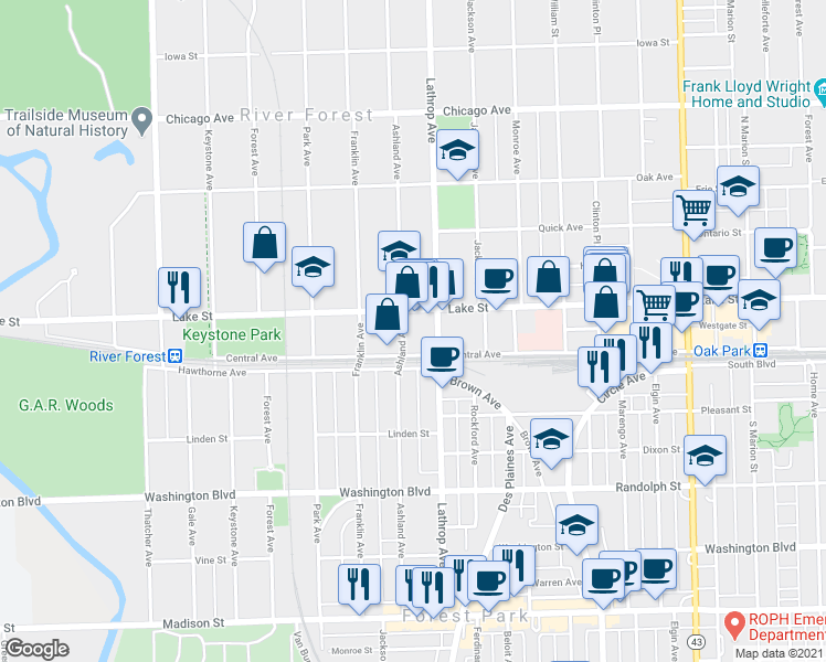 map of restaurants, bars, coffee shops, grocery stores, and more near 411 Ashland Avenue in River Forest