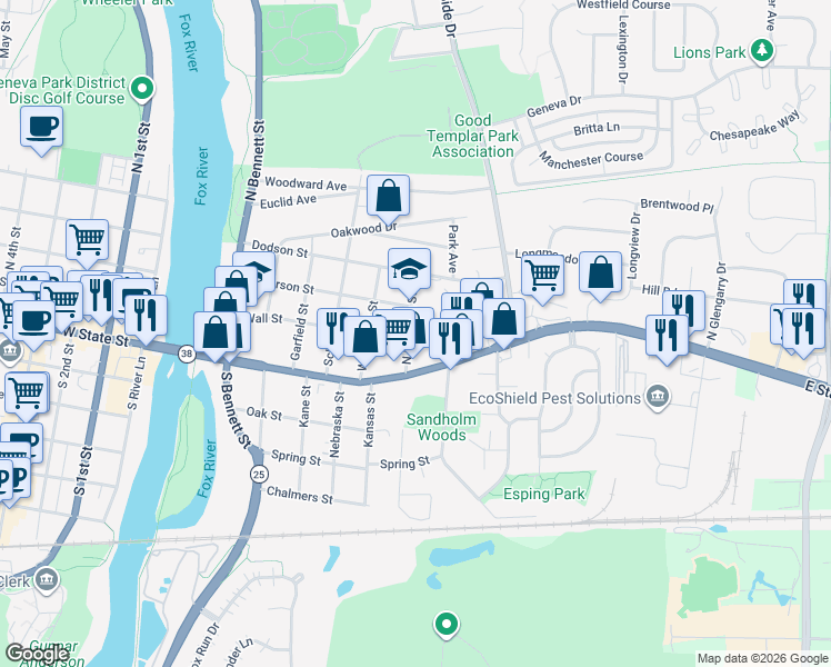 map of restaurants, bars, coffee shops, grocery stores, and more near 125 North Harrison Street in Geneva