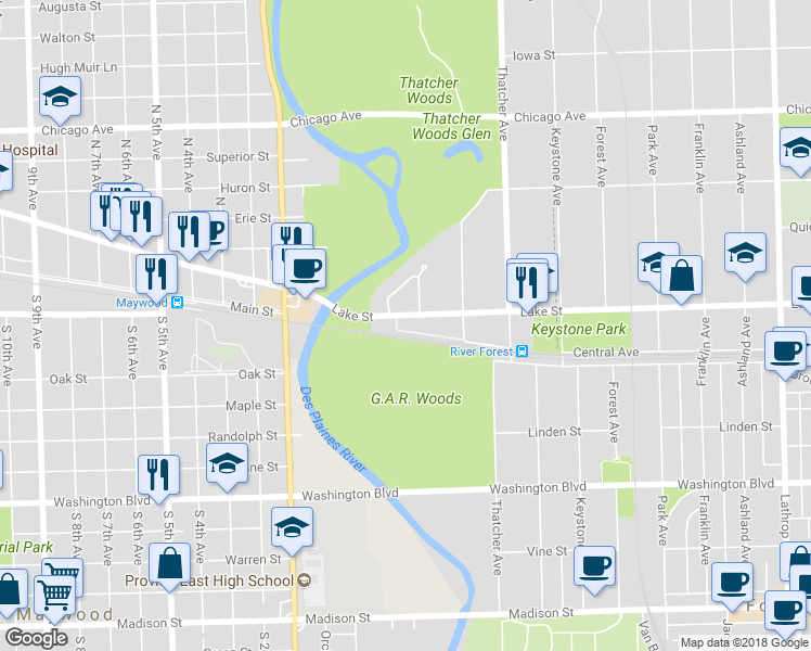 map of restaurants, bars, coffee shops, grocery stores, and more near 8213 Lake Street in River Forest