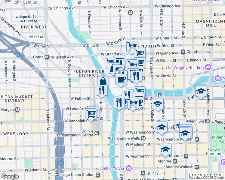 map of restaurants, bars, coffee shops, grocery stores, and more near 333 West Wolf Point Plaza in Chicago