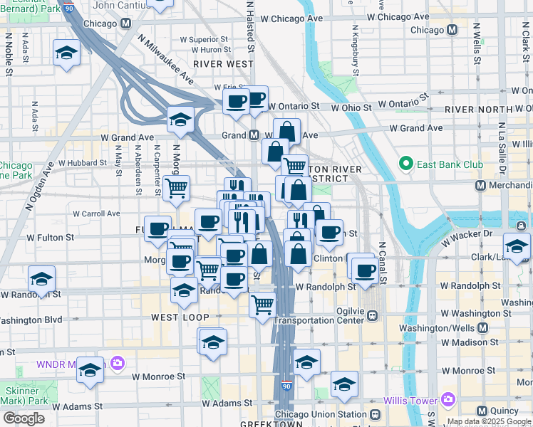 map of restaurants, bars, coffee shops, grocery stores, and more near 708 West Wayman Street in Chicago