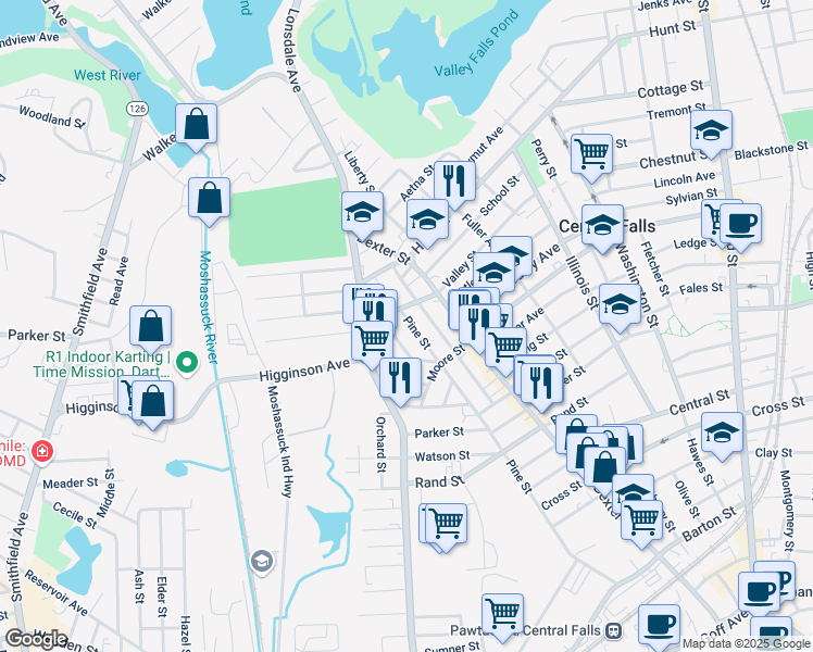 map of restaurants, bars, coffee shops, grocery stores, and more near 728 Pine Street in Central Falls