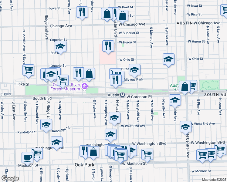 map of restaurants, bars, coffee shops, grocery stores, and more near 350 North Austin Boulevard in Oak Park