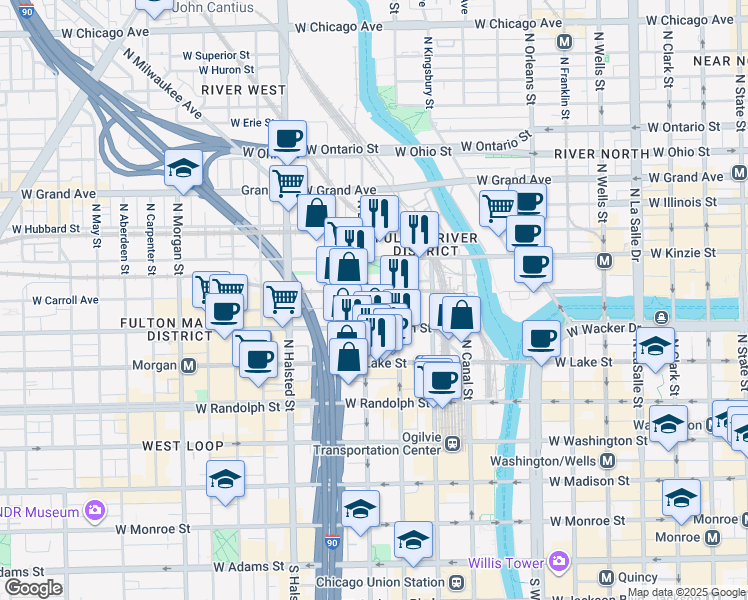 map of restaurants, bars, coffee shops, grocery stores, and more near 324 North Jefferson Street in Chicago