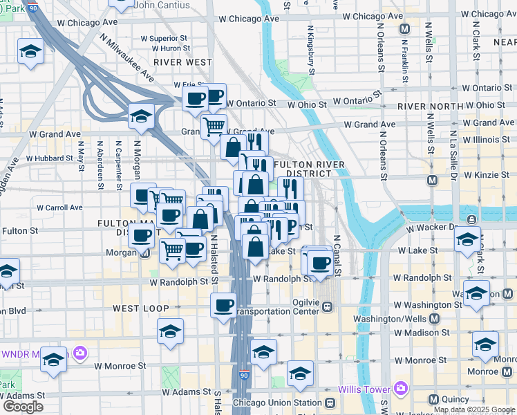 map of restaurants, bars, coffee shops, grocery stores, and more near 670 West Wayman Street in Chicago