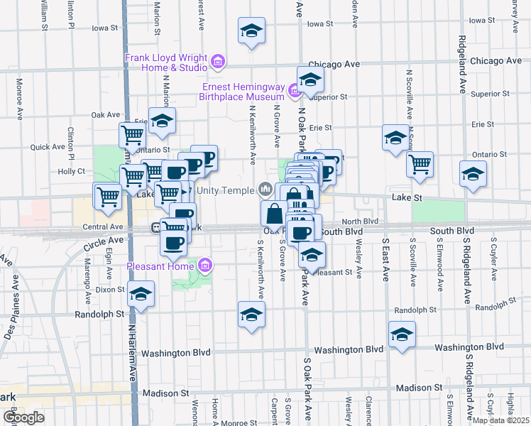 map of restaurants, bars, coffee shops, grocery stores, and more near 110 North Kenilworth Avenue in Oak Park