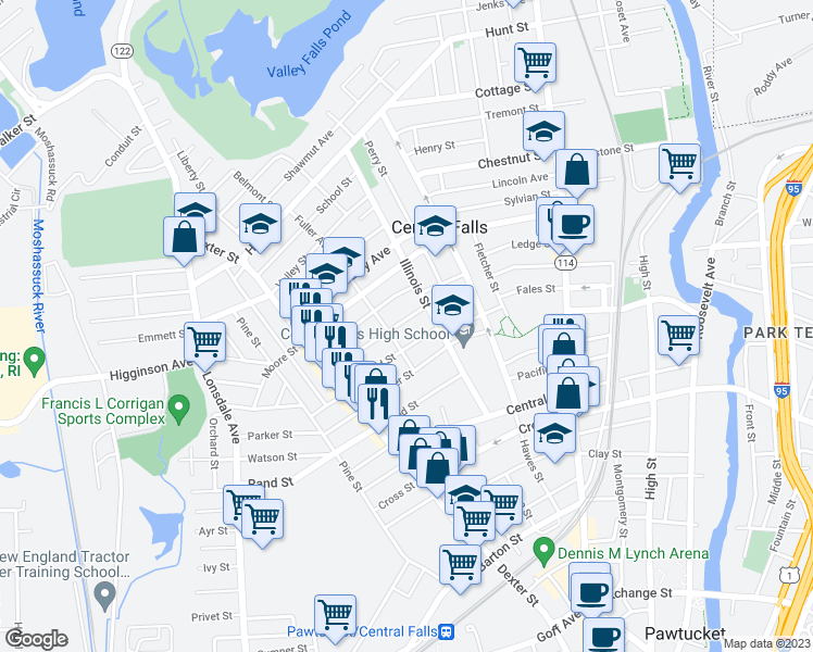 map of restaurants, bars, coffee shops, grocery stores, and more near 22 Darling Street in Central Falls