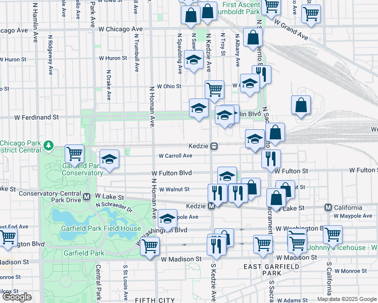map of restaurants, bars, coffee shops, grocery stores, and more near 3248 West Carroll Avenue in Chicago