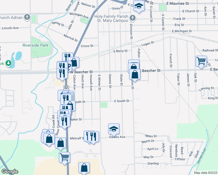 map of restaurants, bars, coffee shops, grocery stores, and more near 107 West Summit Street in Adrian