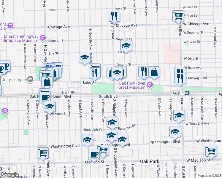 map of restaurants, bars, coffee shops, grocery stores, and more near 415 Lake Street in Oak Park