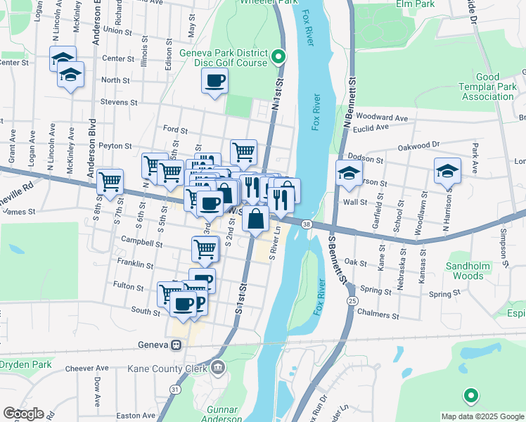map of restaurants, bars, coffee shops, grocery stores, and more near 28 West State Street in Geneva