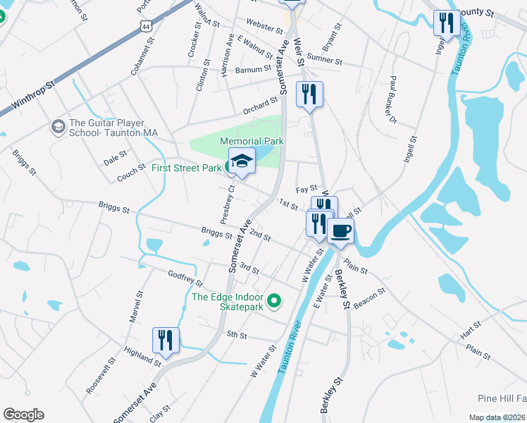 map of restaurants, bars, coffee shops, grocery stores, and more near 322 Somerset Avenue in Taunton