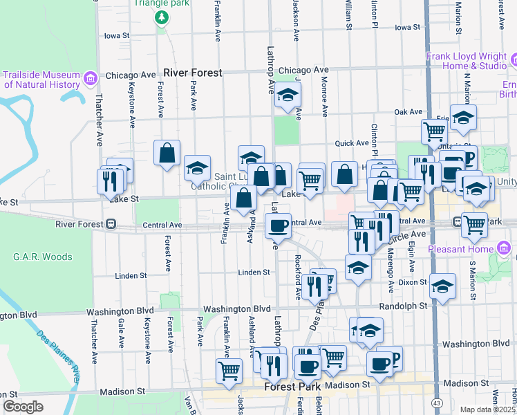 map of restaurants, bars, coffee shops, grocery stores, and more near 419 Ashland Avenue in River Forest