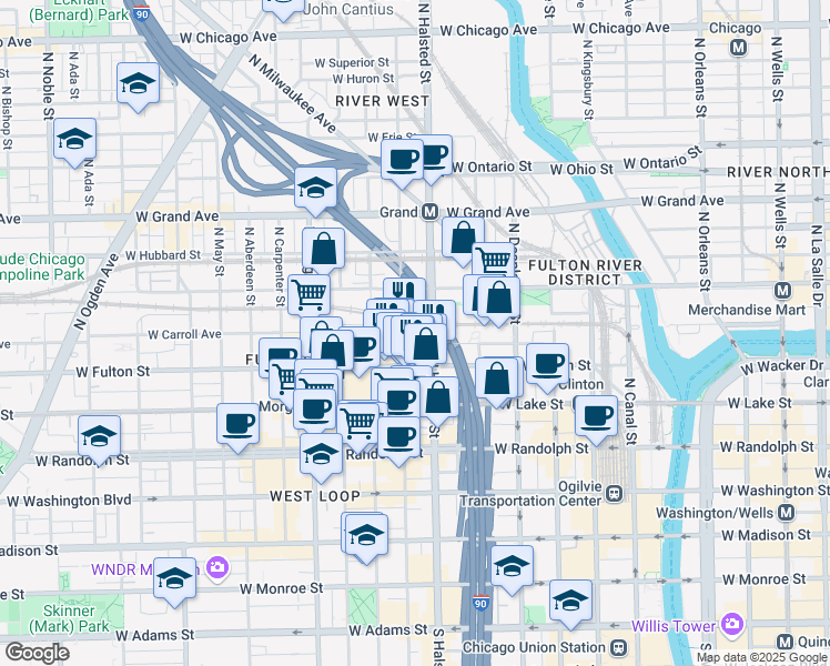 map of restaurants, bars, coffee shops, grocery stores, and more near 333 North Green Street in Chicago