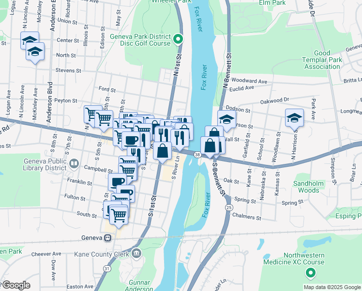 map of restaurants, bars, coffee shops, grocery stores, and more near 1 North River Lane in Geneva