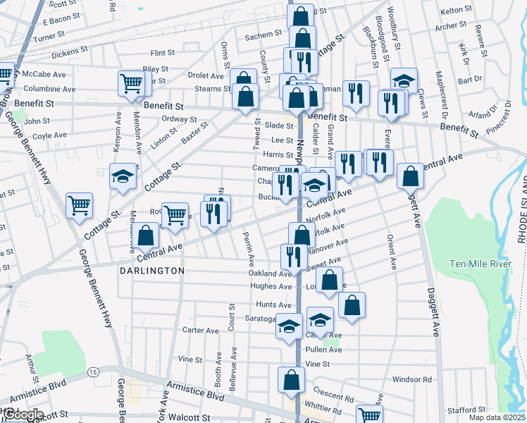 map of restaurants, bars, coffee shops, grocery stores, and more near in Pawtucket