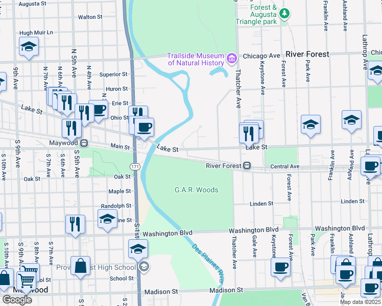 map of restaurants, bars, coffee shops, grocery stores, and more near 8213 Lake Street in River Forest