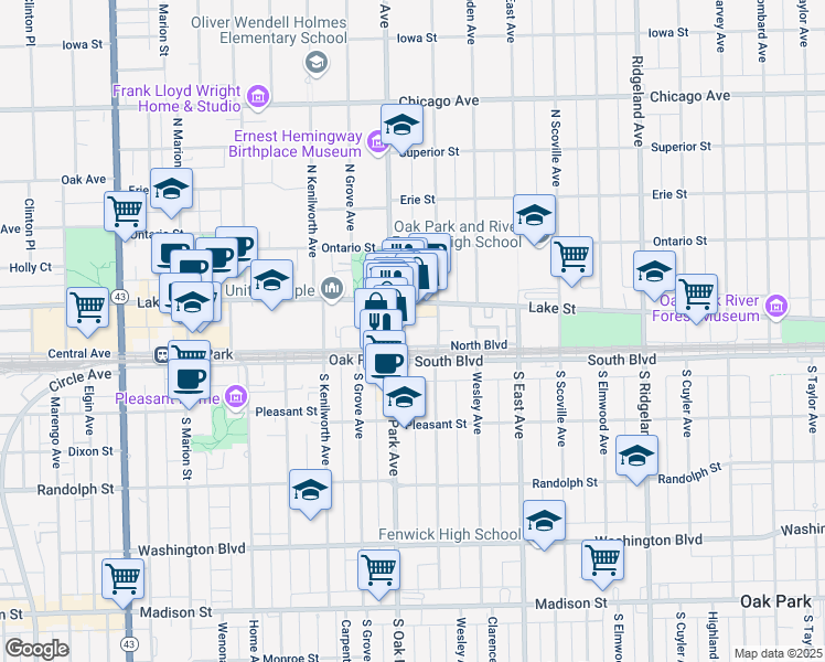 map of restaurants, bars, coffee shops, grocery stores, and more near 720 North Boulevard in Oak Park