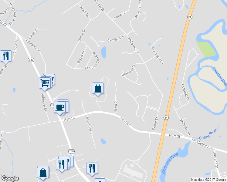 map of restaurants, bars, coffee shops, grocery stores, and more near 86 Alicia Drive in Taunton