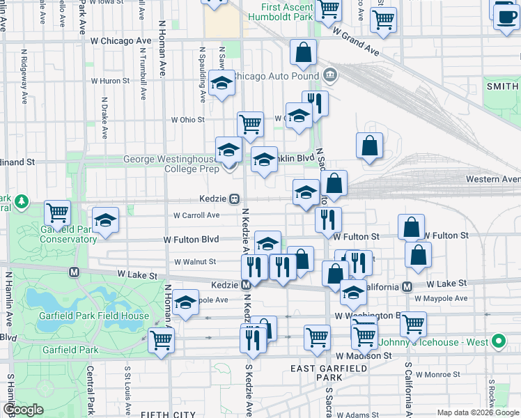 map of restaurants, bars, coffee shops, grocery stores, and more near 3122 West Carroll Avenue in Chicago