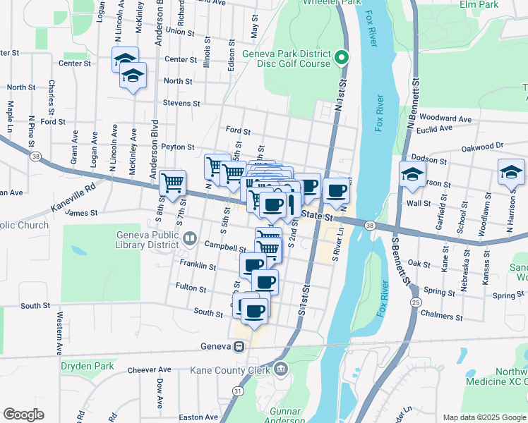 map of restaurants, bars, coffee shops, grocery stores, and more near 12 South 3rd Street in Geneva