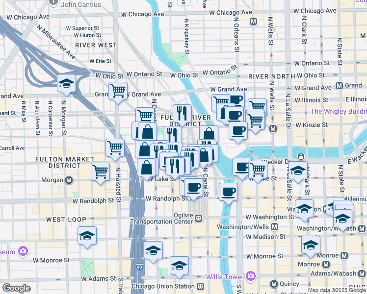 map of restaurants, bars, coffee shops, grocery stores, and more near 320 North Clinton Street in Chicago