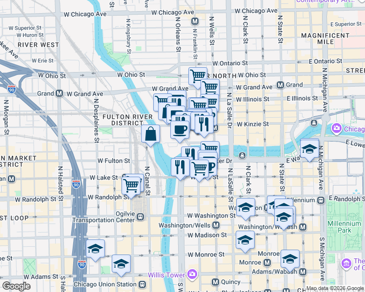 map of restaurants, bars, coffee shops, grocery stores, and more near 313 West Wolf Point Plaza in Chicago
