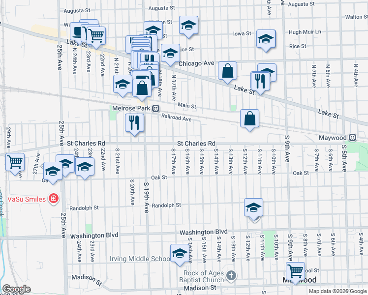 map of restaurants, bars, coffee shops, grocery stores, and more near 116 South 16th Avenue in Maywood