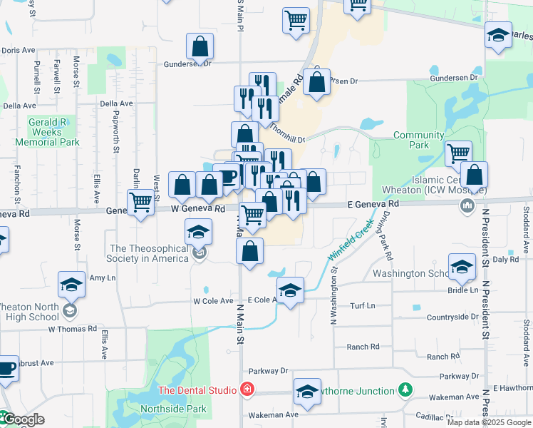 map of restaurants, bars, coffee shops, grocery stores, and more near 204 E Geneva Rd in Wheaton