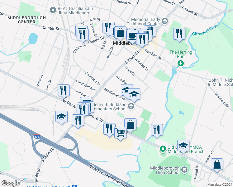 map of restaurants, bars, coffee shops, grocery stores, and more near 34 Mayflower Avenue in Middleborough