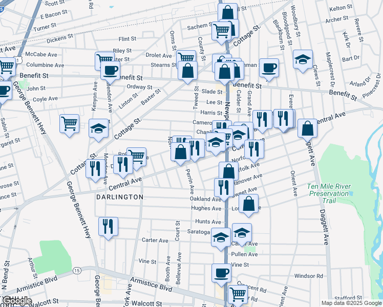 map of restaurants, bars, coffee shops, grocery stores, and more near in Pawtucket