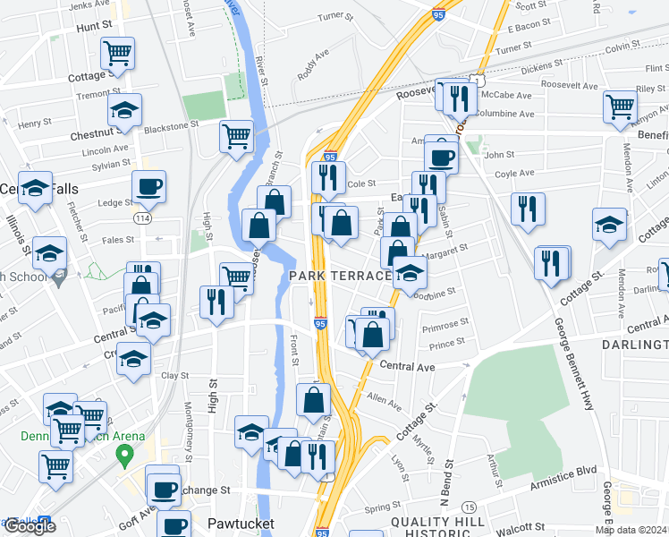 map of restaurants, bars, coffee shops, grocery stores, and more near 29 Woodbine Street in Pawtucket