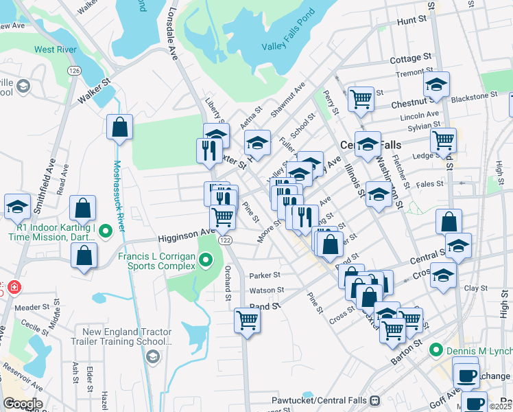 map of restaurants, bars, coffee shops, grocery stores, and more near 728 Pine Street in Central Falls