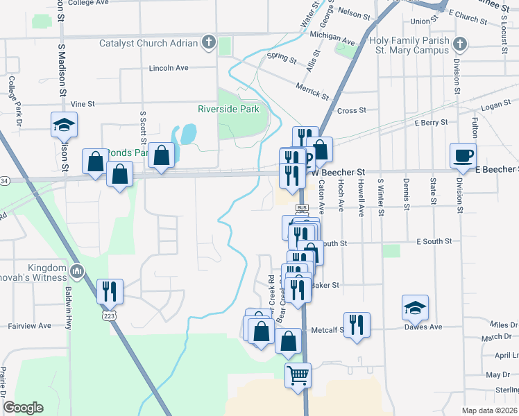 map of restaurants, bars, coffee shops, grocery stores, and more near 705 West Beecher Street in Adrian