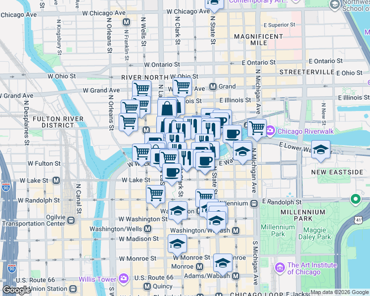 map of restaurants, bars, coffee shops, grocery stores, and more near 317 North Clark Street in Chicago