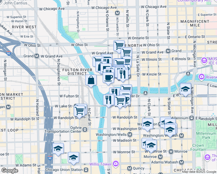 map of restaurants, bars, coffee shops, grocery stores, and more near 343 West Wolf Point Plaza in Chicago