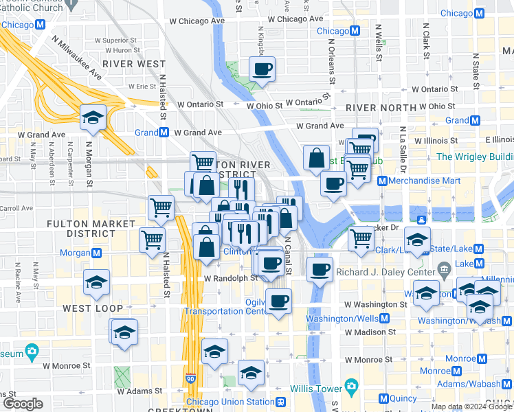 map of restaurants, bars, coffee shops, grocery stores, and more near 320 North Clinton Street in Chicago