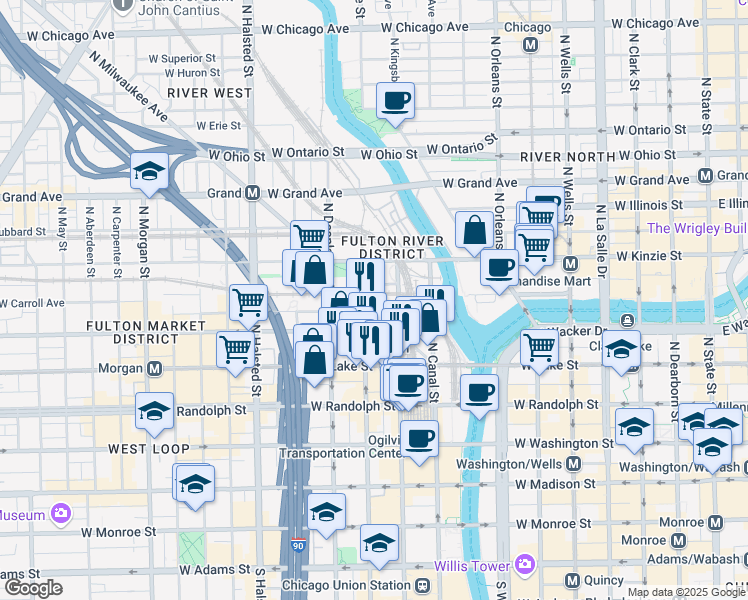 map of restaurants, bars, coffee shops, grocery stores, and more near 320 North Clinton Street in Chicago