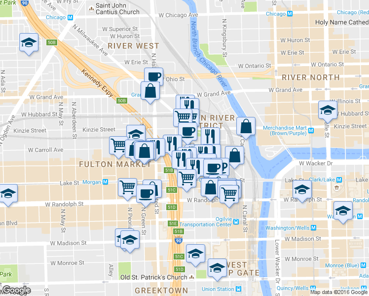 map of restaurants, bars, coffee shops, grocery stores, and more near 670 West Wayman Street in Chicago