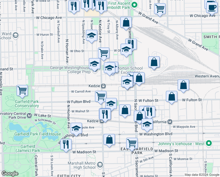 map of restaurants, bars, coffee shops, grocery stores, and more near 3122 West Carroll Avenue in Chicago