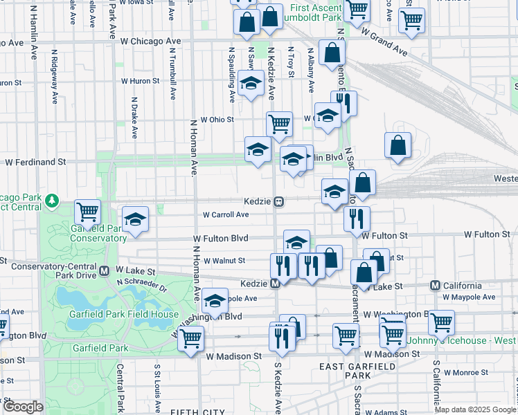 map of restaurants, bars, coffee shops, grocery stores, and more near 3248 West Carroll Avenue in Chicago