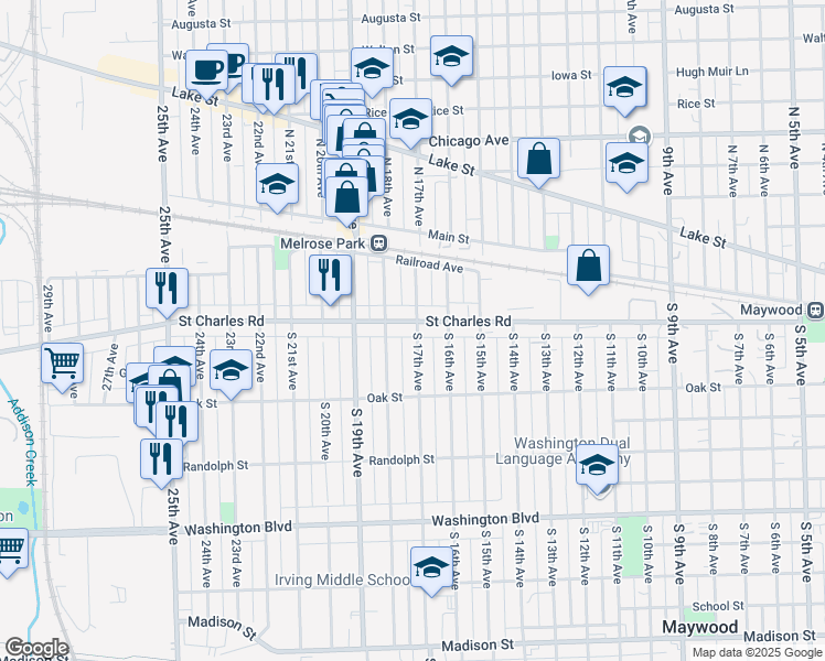 map of restaurants, bars, coffee shops, grocery stores, and more near 115 South 18th Avenue in Maywood