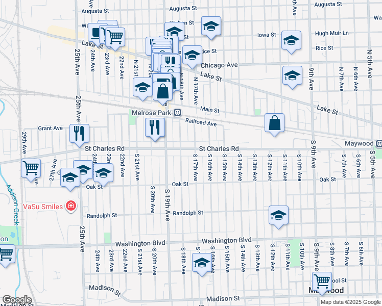map of restaurants, bars, coffee shops, grocery stores, and more near 115 South 18th Avenue in Maywood