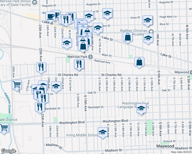 map of restaurants, bars, coffee shops, grocery stores, and more near 115 South 18th Avenue in Maywood
