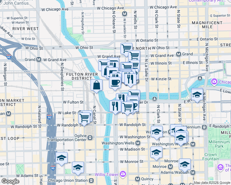 map of restaurants, bars, coffee shops, grocery stores, and more near 313 West Wolf Point Plaza in Chicago
