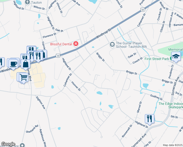 map of restaurants, bars, coffee shops, grocery stores, and more near 64 Appleblossom Lane in Taunton