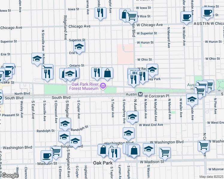 map of restaurants, bars, coffee shops, grocery stores, and more near 33 Lake Street in Oak Park